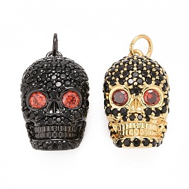 Rack Plating Brass Micro Pave Cubic Zirconia Pendants, with Jump Rings, Cadmium Free & Lead Free & Nickle Free, Skull