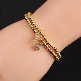 Stylish Women's Copper Bead Bracelet with Zircon Moon and Star Charms