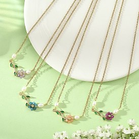 Colgante de rama con flor de cuentas de piedra natural, latón y circonitas cúbicas verdes 304 Collares de cadena de cable de acero inoxidable para mujer, dorado