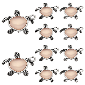 10Pcs Tibetan Style Alloy Pendants, with Imitation Acrylic Rhinestone Cabochons, Turtle Charms
