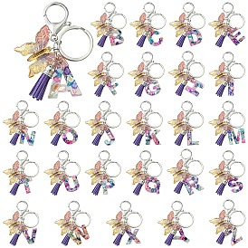 Letter & Butterfly Transparent Epoxy Resin Keychains, with Alloy Split Key Rings and Faux Suede Tassel Pendant Decorations