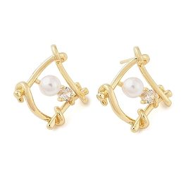 Brass Rhombus Stud Earrings for Women, with ABS Imitation Pearls & Rhinestone Rhinestone