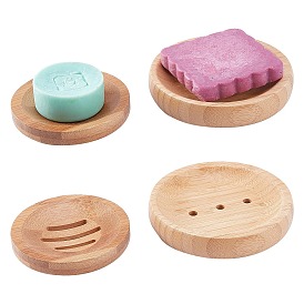 PandaHall Elite 4Pcs 2 Style Flat Round Natural Bamboo Soap Case Holder, Bathtub Shower Dish Accessories, for Sponges and Scrubber