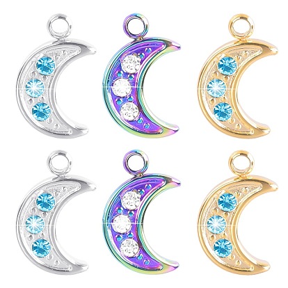 201 Stainless Steel Rhinestone Pendants, Moon Charms