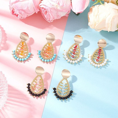 Серьги-гвоздики в форме капли из натурального черного оникса и натурального говлита, со стеклянными бусинами и латунными гвоздиками, золотые