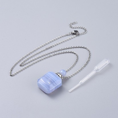 Natural Gemstone Perfume Bottle Pendant Necklaces, with Brass Cable Chains, Lobster Claw Clasps and Plastic Dropper