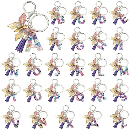 Брелки из прозрачной эпоксидной смолы с буквами и бабочками, с разрезными брелоками из сплава и подвесками из искусственной замши с кисточками