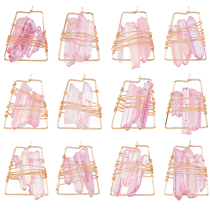 6 Pairs Natural Quartz Wire Wrapped Earrings for Girl Women, Real 18K Gold Plated Trapezoid Brass Hoop Earrings