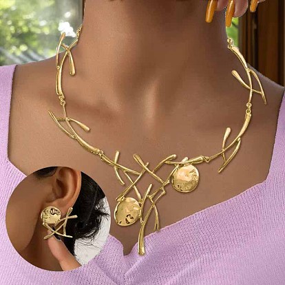 Ожерелья и серьги-гвоздики из сплава в стиле ранчо и плоской круглой формы