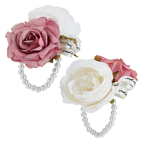 2Pcs Silk Wrist, with Plastic Imitation Flower and Imitation Pearl Stretch Bracelets, for Wedding, Party Decorations