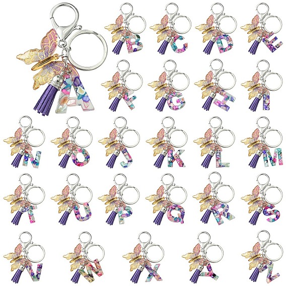 Брелки из прозрачной эпоксидной смолы с буквами и бабочками, с разрезными брелоками из сплава и подвесками из искусственной замши с кисточками