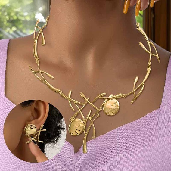 Ожерелья и серьги-гвоздики из сплава в стиле ранчо и плоской круглой формы