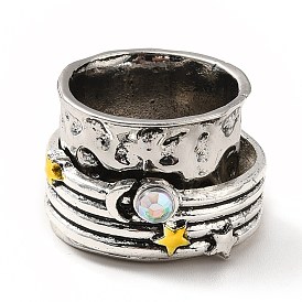 Rotatable Moon and Star Alloy Finger Ring with Rhinestone, Gothic Chunky Ring for Calming Worry Meditation