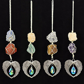 Nuggets Gemstone Pouch Pendant Decorations, Wing with Teardrop Alloy & Glass Charm for Home Car Hanging Decorations