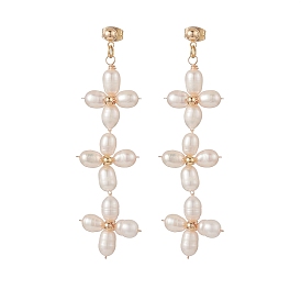 Natural Pearl Flower Long Dangle Stud Earrings, Brass Wire Wrap Jewelry for Women