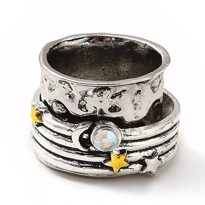 Rotatable Moon and Star Alloy Finger Ring with Rhinestone, Gothic Chunky Ring for Calming Worry Meditation