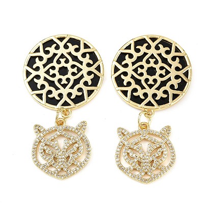 Латунные микро проложить кубического циркония большие кулоны, с акриловой, плоская круглая форма с подвесками в виде головы леопарда, без кадмия и без свинца, стойки покрытие, долговечный, с целью перехода в кольце