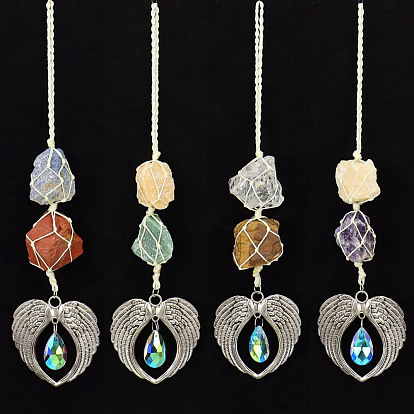 Nuggets Gemstone Pouch Pendant Decorations, Wing with Teardrop Alloy & Glass Charm for Home Car Hanging Decorations