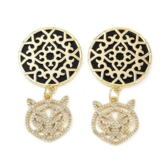 Латунные микро проложить кубического циркония большие кулоны, с акриловой, плоская круглая форма с подвесками в виде головы леопарда, без кадмия и без свинца, стойки покрытие, долговечный, с целью перехода в кольце