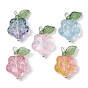 10Pcs 5 Color Transparent Glass Flower & Acrylic Leaf Pendants, with Brass Loops