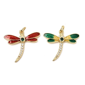 Brass Micro Pave Cubic Zirconia Pendants, with Enamel, Dragonfly Charms, Rack Plating, Long-Lasting Plated, Cadmium Free & Lead Free, Real 18K Gold Plated