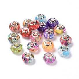 Transparent Resin European Rondelle Beads, Large Hole Beads, with Polymer Clay and Platinum Tone Alloy Double Cores