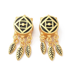 Rack Plating Brass European Beads, Large Hole Beads, Long-Lasting Plated, Matte Style, Flat Round with Feather