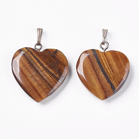 Natural Tiger Eye Pendants, with Brass Findings, Heart