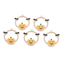 Halloween Alloy Enamel Pendants, Cadmium Free & Nickel Free & Lead Free, Ring with Pumpkin & Bat, Light Gold
