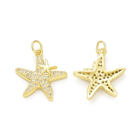 Rack Plating Brass Micro Pave Clear Cubic Zirconia Pendants, with Jump Ring, Cadmium Free & Lead Free, Long-Lasting Plated, Starfish Shape Charm