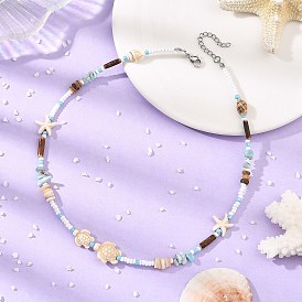 Collares de cuentas sintéticas de turquesa y semillas con forma de estrella de mar y tortuga marina para mujer., con virutas de larimar natural y cuentas de concha, blanco floral