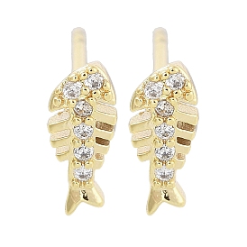 Brass Pave Clear Cubic Zirconia Stud Earring, Fish