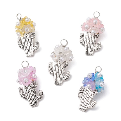 Акриловые подвески, кактус, с тибетском стиле сплава, искусственный жемчуг из АБС-пластика и медная проволока