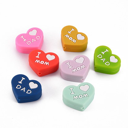 Food Grade Eco-Friendly Silicone Focal Beads, Chewing Beads For Teethers, DIY Nursing Necklaces Making, Heart with Word I Love DAD or MOM