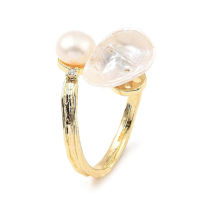 Natural Pearl Teardrop Open Cuff Ring with Clean Cubic Zirconia, Brass Ring for Women