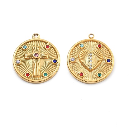 304 кулон из нержавеющей стали, со стразами, вакуумные покрытия, реальный 18 k позолоченный, плоско-круглые