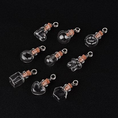 Mixed Shapes Glass Wishing Bottle European Dangle Charms, with Alloy Tube Bails and Iron Findings, 44~46mm, Hole: 4.5mm