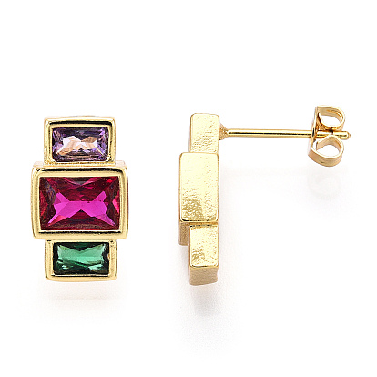 Cubic Zirconia Rectangle Dangle Stud Earrings, Brass Jewelry for Women, Nickel Free