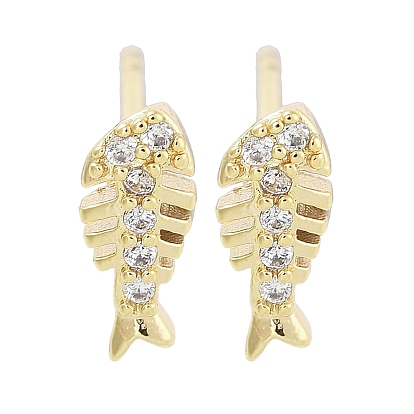 Серьга-гвоздик из латуни с прозрачным фианитом и паве, елочка