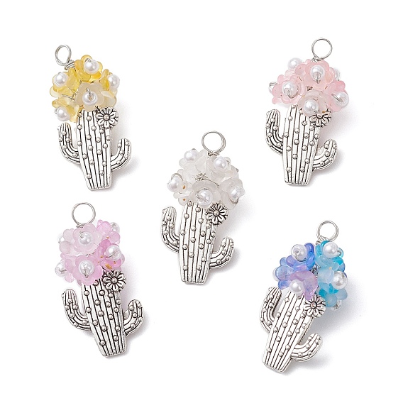 Акриловые подвески, кактус, с тибетском стиле сплава, искусственный жемчуг из АБС-пластика и медная проволока