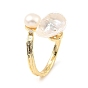 Natural Pearl Teardrop Open Cuff Ring with Clean Cubic Zirconia, Brass Ring for Women
