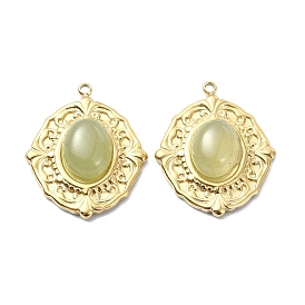 Natural Green Aventurine Oval Pendants, 304 Stainless Steel Charms, Real 14K Gold Plated