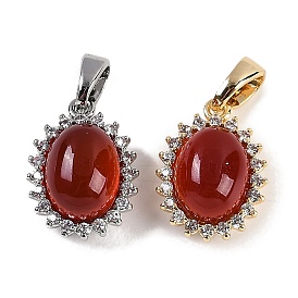 Natural Carnelian(Dyed & Heated) Oval Charms, Brass Micro Pave Clear Cubic Zirconia Charms