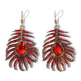 Bohemian Ethnic Style Feather Earrings with Rhinestone Peacock Pendant