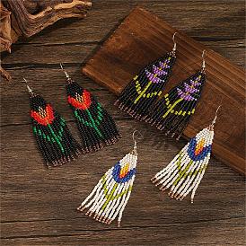 Bohemian Style Floral Glass Bead Tassel Dangle Earrings for Women, Platinum