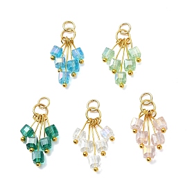 AB Color Plated Glass Pendants, Cube Tassel Charm, with 304 Stainless Steel Open Jump Rings & Brass, Faceted
