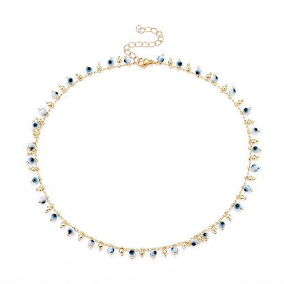 Round Evil Eye Pendants Necklaces, with Brass Curb Chains