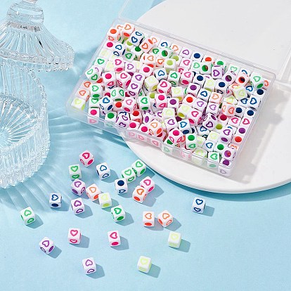 210Pcs 6 Colors Opaque White Acrylic European Beads, Large Hole Beads, Cube with Heart
