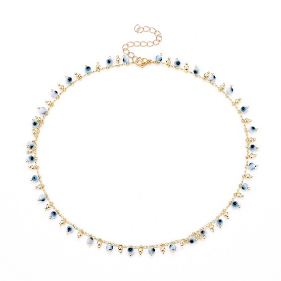 Round Evil Eye Pendants Necklaces, with Brass Curb Chains