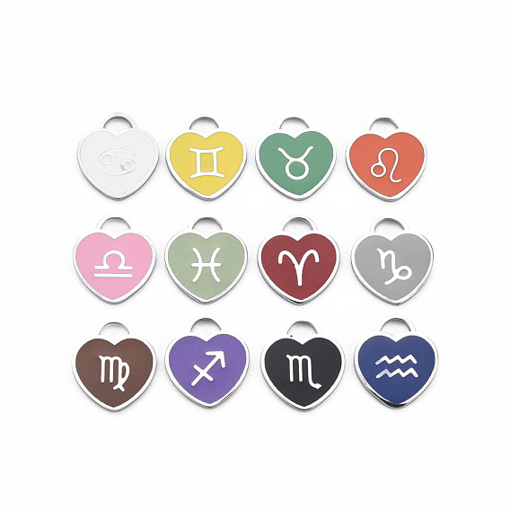 304 подвески из нержавеющей стали, с эмалью, сердце с 12 созвездиями